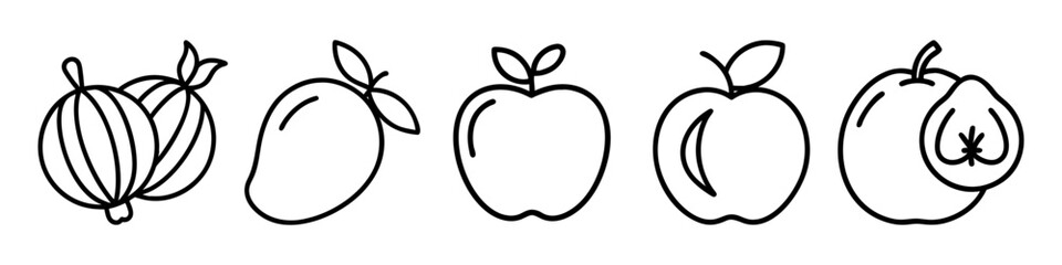 Minimalist Fruit Line Art Icons - A set of minimalist black-and-white line art illustrations featuring various fruits, including apples, mangoes, and other round fruits.
