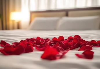 A bed with white sheets and red rose petals scattered across it, creating an atmosphere for a Valentine's Day celebration in a hotel room. 