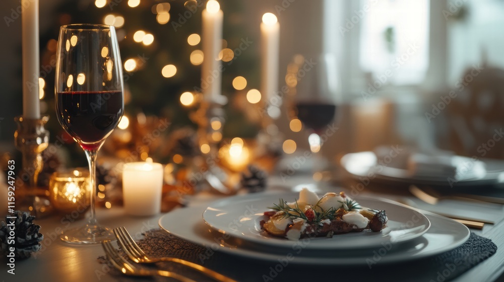 Poster elegant luxurious dining table set with gourmet dish and fine wine in festive setting at evening tim