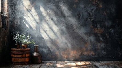 Obraz premium Rustic barrels and pots under dramatic lighting