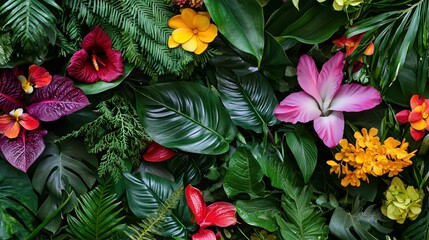 Fototapeta premium Vibrant Tropical Floral Background with Various Green Leaves and Colorful Flowers