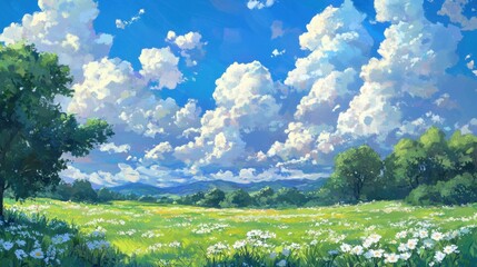 Fototapeta premium Lush Green Meadow Under Bright Blue Sky with Fluffy Clouds