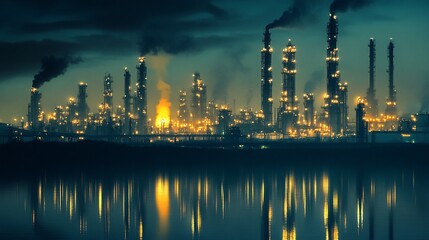 Night view of illuminated refinery complex reflecting on calm water, emitting smoke.