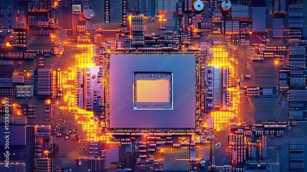 Poster microchip illuminated by backlight showcasing intricate circuitry. generative ai
