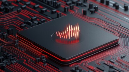 Abstract Representation of an AI Audio Interface on a Circuit Board with Visual Elements Illustrating Sound Waves and Digital Connectivity