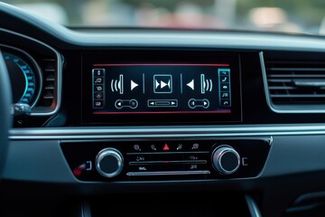 Modern Car Dashboard Display Showing Virtual Interface Controls and Media Options in a Contemporary Vehicle Interior with Advanced Technology Features