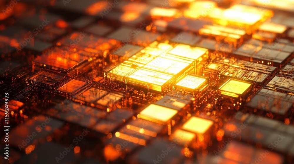 Poster microchip illuminated by backlight glows in intricate pattern. generative ai