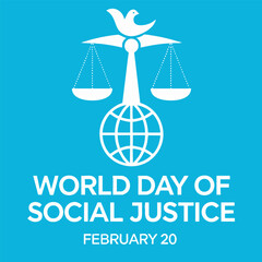 Illustration honoring the World Day of Social Justice on February 20, showing a balance scale, dove, and globe symbolizing equality, justice, and peace globally.
