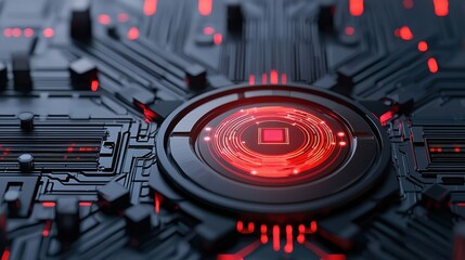 High-tech 3D Interface with Red Accents and Layered Design for AI Applications and Sound Control in an Interactive Environment