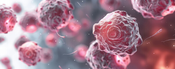 Surreal macro shot of cancer cells under attack, showcasing their structure and movement