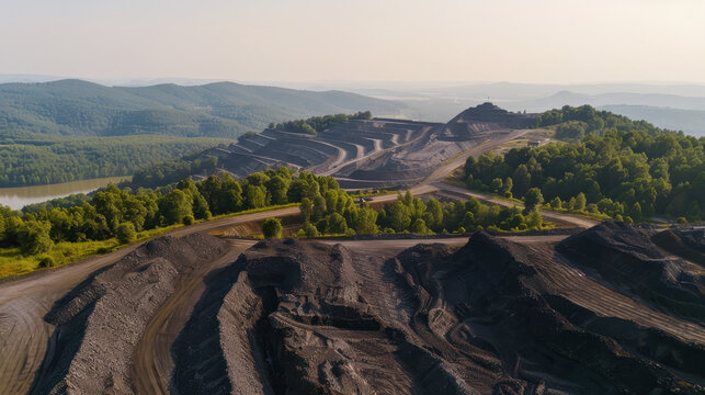 Aerial view of coal mine surrounded by lush green hills and valleys