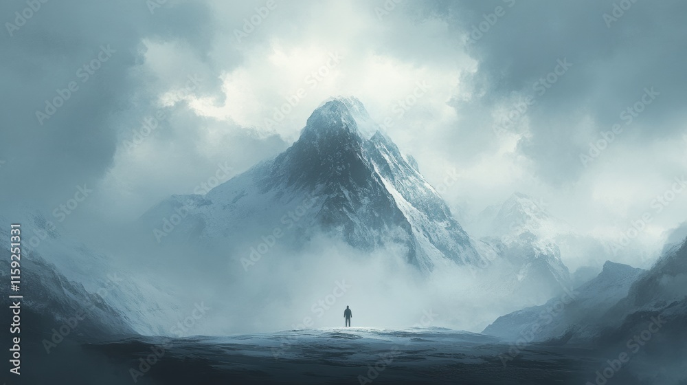 Poster lonely figure gazes at the towering mountain under a cloudy sky. generative ai