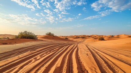 Fototapeta premium Scenic Desert Landscape with Sand Dunes and Tire Tracks