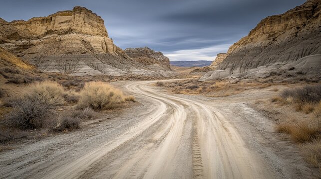 Scenic Desert Road with Dramatic Clouds and Rocky Formations