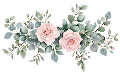 Delicate Watercolor Roses and Greenery: A romantic floral arrangement with two blush pink roses and lush green eucalyptus leaves, painted in a delicate watercolor style.