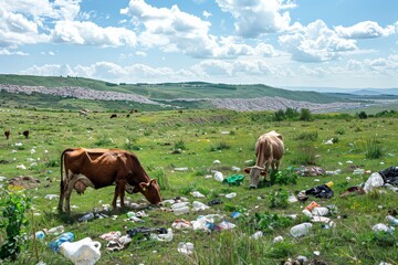 Fototapeta premium Cows grazing amid landfill waste