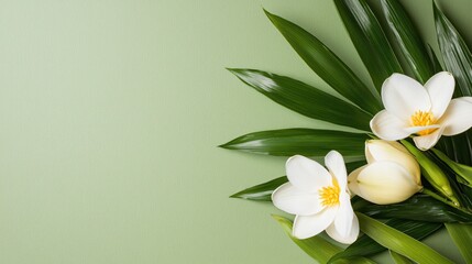 Naklejka premium Elegant Arrangement of White Flowers and Green Leaves on Soft Green Background