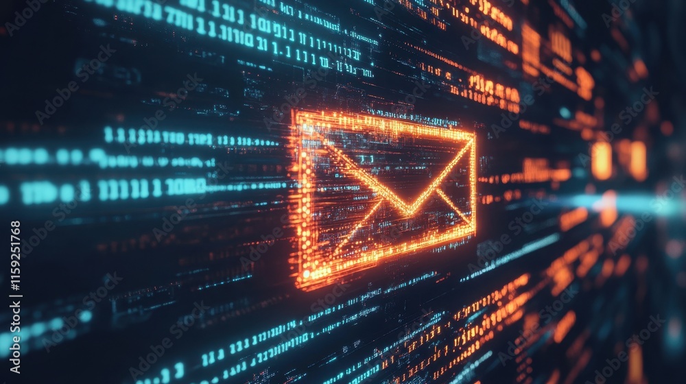 Poster futuristic digital email icon surrounded by binary code elements
