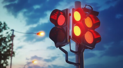 A traffic light displaying a red signal against a twilight sky.