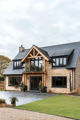 Nestled in a tranquil rural landscape on a cloudy day, this contemporary stone house features elegant wooden accents and expansive glass windows