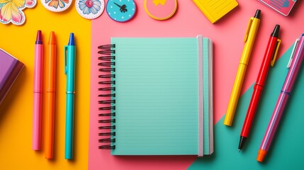 Naklejka premium A vibrant workspace featuring colorful pens and an empty notepad for creative ideas.