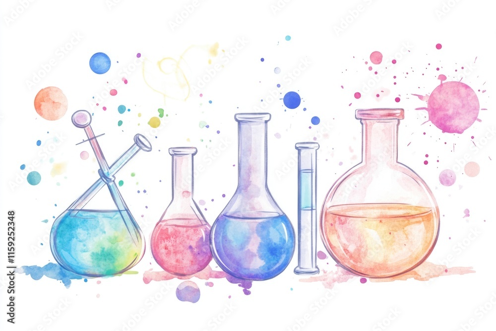 Aufkleber a collection of laboratory flasks filled with various liquids for scientific experiments