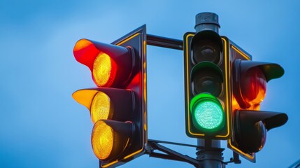 A traffic light displaying red, yellow, and green signals against a blue sky.