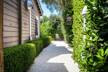 Pathway lined with greenery leading to a tranquil garden, showcasing vibrant plants in a peaceful outdoor setting during sunny weather