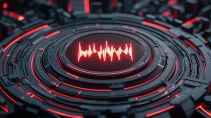 Futuristic 3D Design of Soundwave Controls Featuring Complex Patterns and Floating Elements in Red and Black Ideal for Tech and Audio Projects