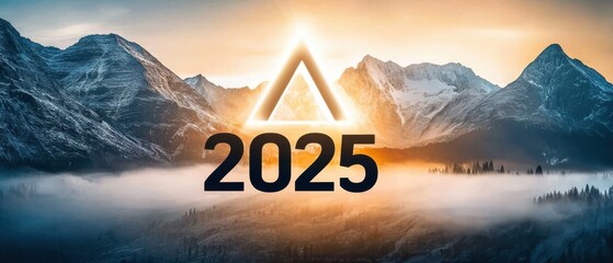 A glowing triangle and the year 2025 are set against a dramatic mountain landscape during sunrise, symbolizing hope and new beginnings.