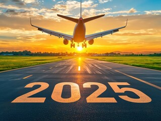 Fototapeta premium A plane takes off at sunset, with 