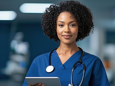 smart hospital concept. A nurse using a tablet to access real-time patient data from connected medical devices in a smart hospital
