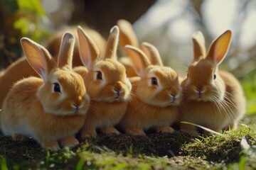 Fototapeta premium Group of brown rabbits sitting on top of a lush green field