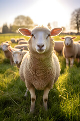 Obraz premium Ewe Sheep Grazing in Lush Green Meadow under a Gentle Sunlight: A Portrait of Serene Country Life