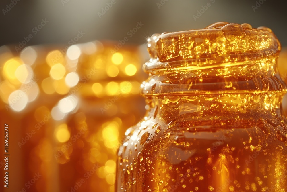 Poster a close-up shot of a jar of honey with a golden liquid and a rustic lid