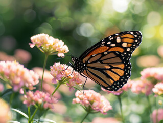 Obraz premium vibrant butterfly resting on pink flowers in sunny garden