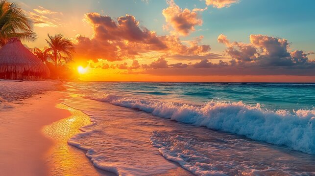 Stunning sunset at an idyllic caribbean beach in cancun, riviera maya, mexico with vibrant skies and turquoise waters