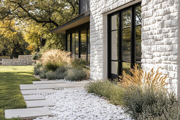 A modern farmhouse home with a large white stone exterior, black steel windows, and a modern landscape design featuring light grey pebbles on the ground. Photographed on a sunny day.
