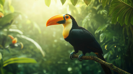 Fototapeta premium Vibrant toucan perched in lush tropical rainforest