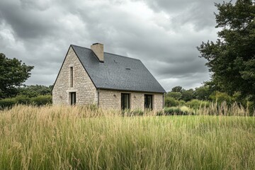 Obraz premium A small stone house in the middle of tall grass, the roof is made of black tiles, surrounded by trees and shrubs, with a cloudy sky. This is an architectural photograph of an organic, modern cottage.