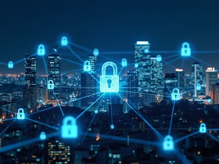 A nighttime cityscape is overlaid with a network of glowing blue lines and padlock icons,