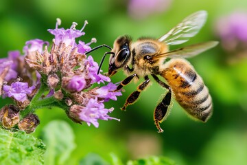 Close-Up of Honey Bee Pollinating Purple Flower in Natural Garden Setting