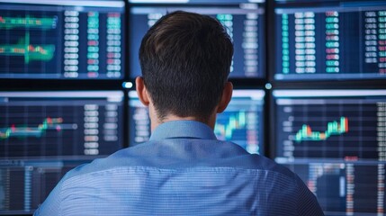 Professional Analyst Observing Multiple Financial Screens with Market Data and Trading Information in Modern Office Environment