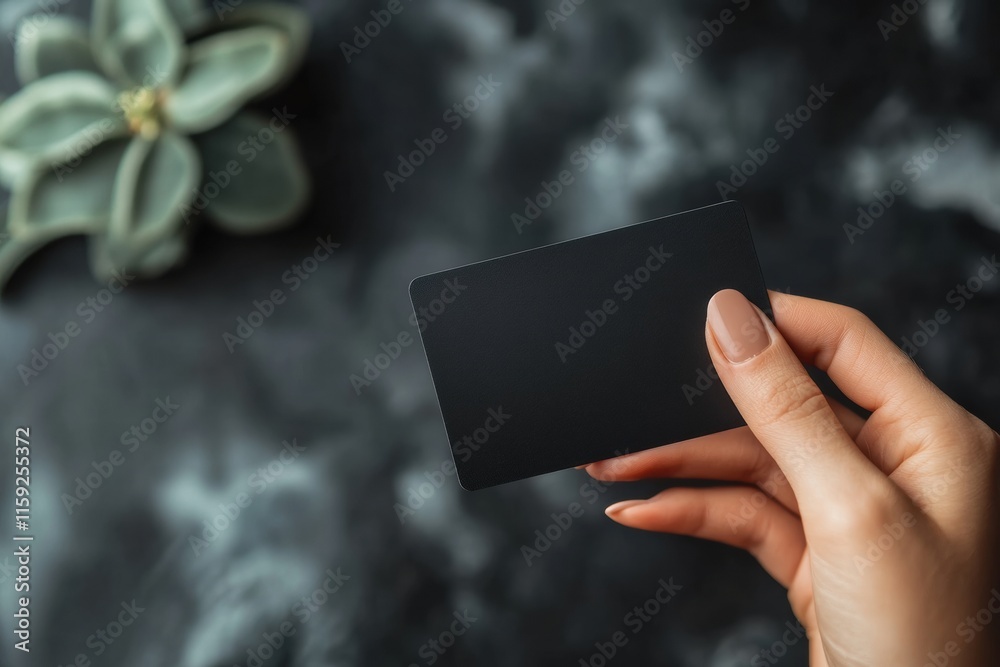Aufkleber sleek black gift card held in hand with copy space for text and background featuring decorative plan