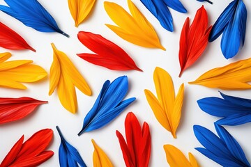 Fototapeta premium Colorful Feather Arrangement on White Surface with Bright Red, Blue, and Yellow Colors