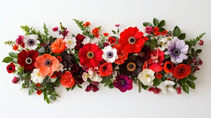Vibrant Floral Arrangement with Colorful Flowers and Greenery on a White Background