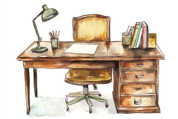 A simple office setting with a desk, chair, and lamp