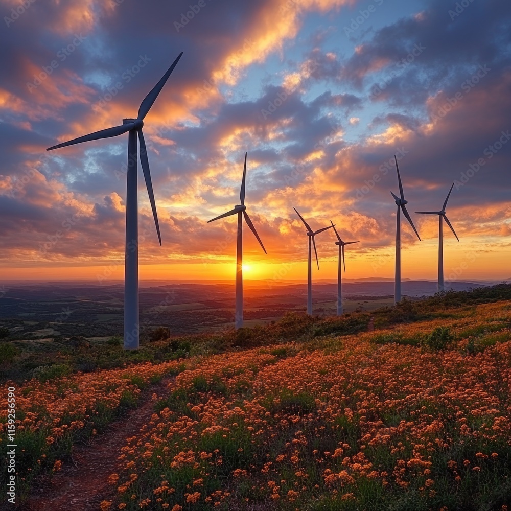 Poster a serene landscape featuring a field of blooming flowers with wind turbines visible in the backgroun