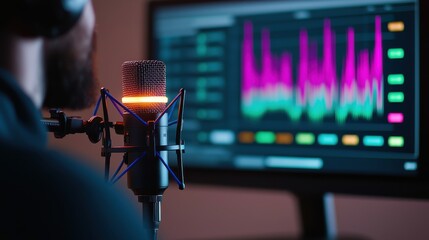Professional Podcast Setup with Blue Microphone and Audio Waveforms on Screen Showcasing Vibrant Colors for Ideal Recording Environment
