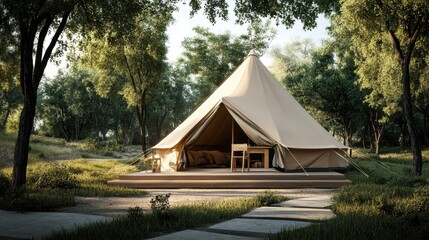 Serene Glamping Tent Set in Lush Green Forest during Daylight